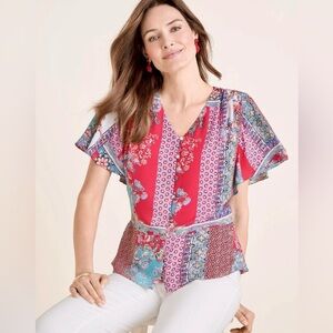Chicos Patchwork Print Peplum Flutter Sleeve Top Blouse Size 2 Pink Red Floral